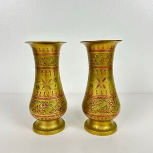Vintage Brass Hand Carved Etched Brass Vases Set of 2 Made in India Red